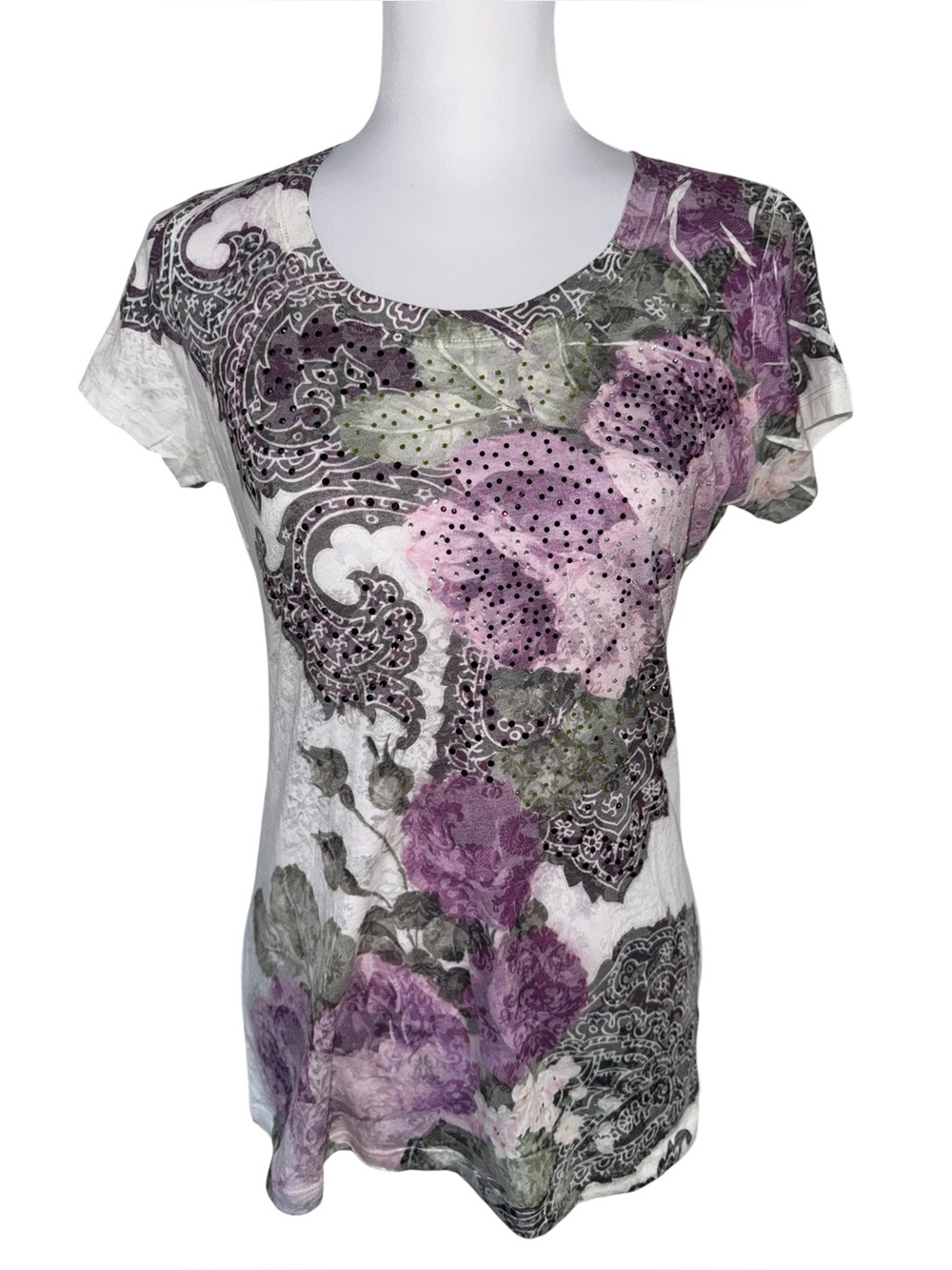 Dressbarn Floral Paisley Rhinestone Tee Short Sleeve Medium USA Grunge Y2K
